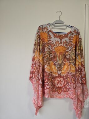 Chico's Floral Paisley Poncho in Orange and Coral